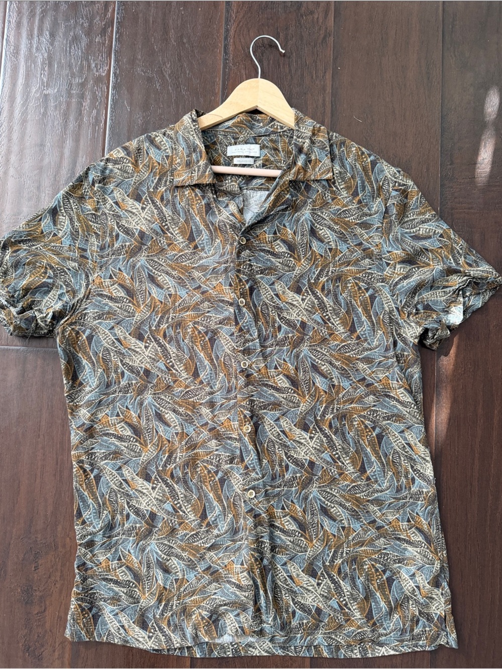 Zara Man - Men's Brown Leaf-Print Short Sleeve Shirt - Medium